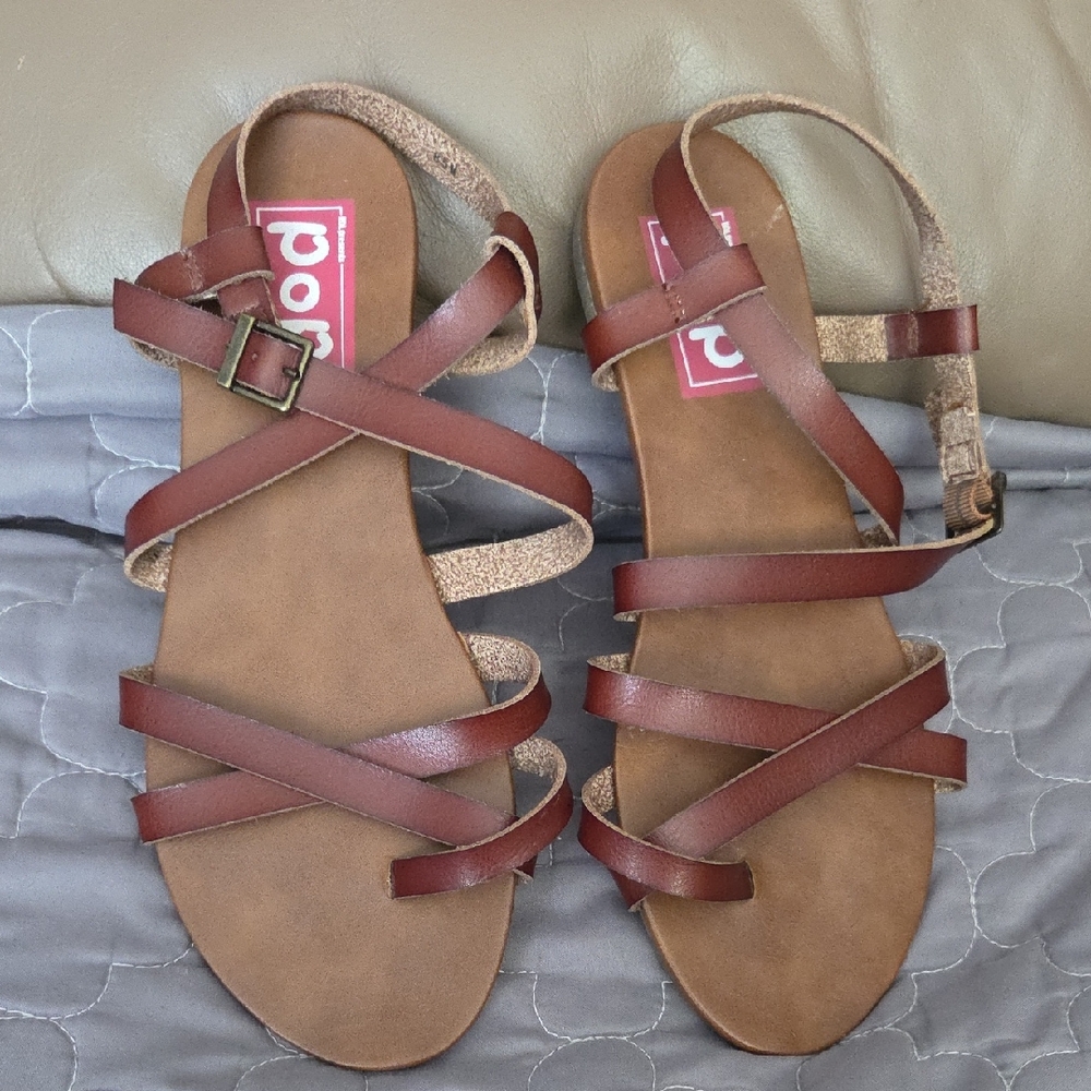pop Brown Multi-Strap Ankle Buckle Sandals